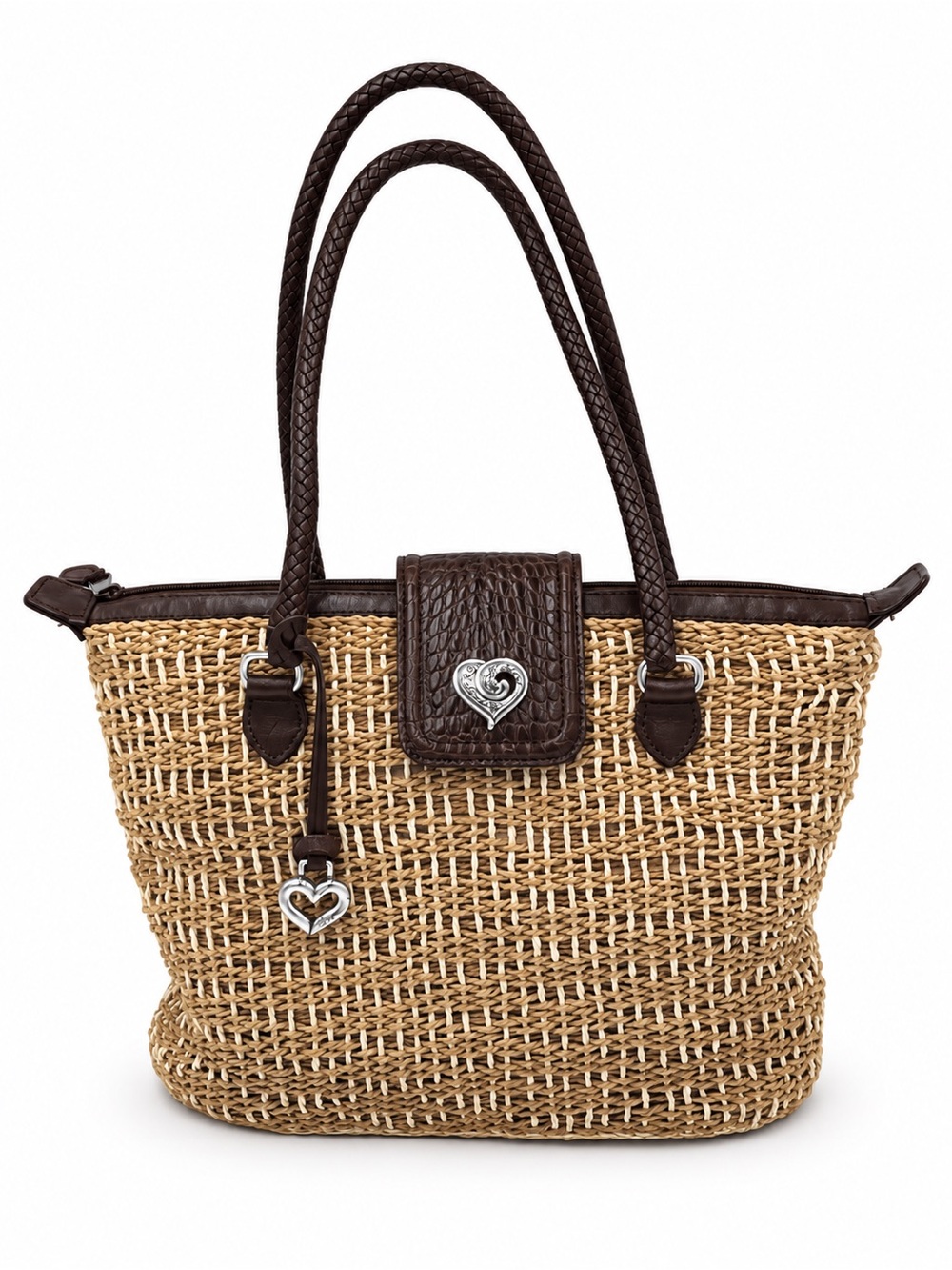Brighton Belinda Vintage 2002 Straw Purse Handbag Woven Leather Heart Tote Boho
